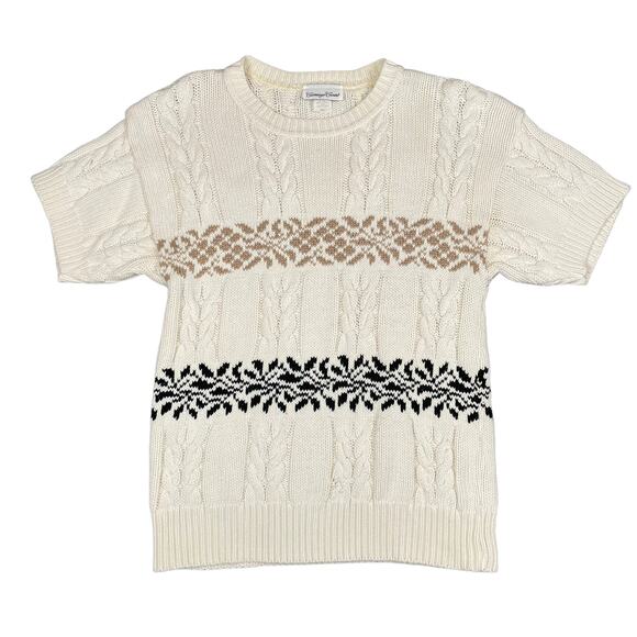 80s Vintage Cable Knit Ski Sweater Short Sleeve Floral Retro - Size S - Picture 7 of 7